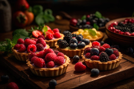 Delicious tartlets with fresh berries on rustic wooden background.の素材