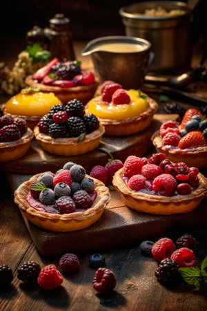 Tartlets with fresh berries on rustic wooden background, selective focusの素材