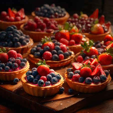 Delicious tartlets with fresh berries on a wooden board. selective focus.の素材