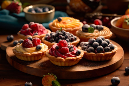 Delicious tartlets with fresh berries on wooden table, closeupの素材