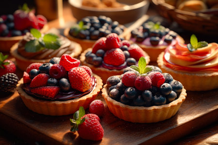 Tartlets with berries and cream on a wooden table, selective focusの素材