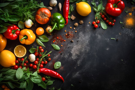 Food frame, ingredients for cooking. Food cooking background on black stone table. Fresh vegetables, herbs and spices. Top view with copy space, Generative AIの素材