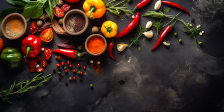 Food frame, ingredients for cooking. Food cooking background on black stone table. Fresh vegetables, herbs and spices. Top view with copy space, Generative AIの素材