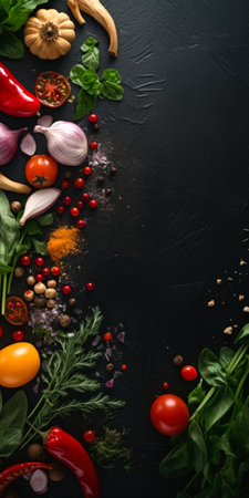 Food frame, ingredients for cooking. Food cooking background on black stone table. Fresh vegetables, herbs and spices. Top view with copy space, Generative AIの素材