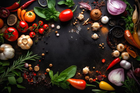 Food frame, ingredients for cooking. Food cooking background on black stone table. Fresh vegetables, herbs and spices. Top view with copy space, Generative AIの素材