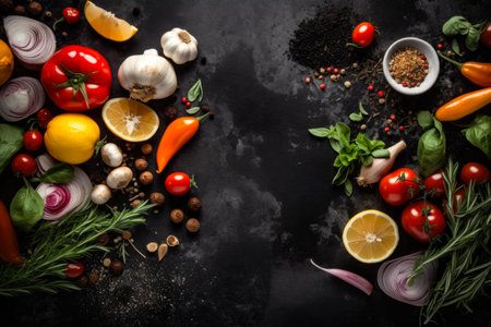 Food frame, ingredients for cooking. Food cooking background on black stone table. Fresh vegetables, herbs and spices. Top view with copy space, Generative AIの素材