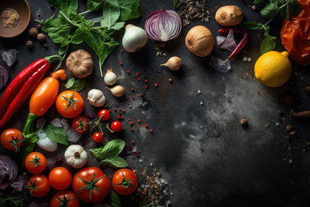 Fresh vegetables and spices on black background. top view with copy spaceの素材