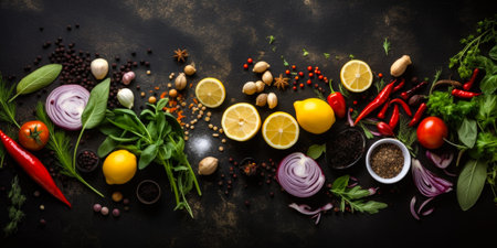 Photo for Food frame, ingredients for cooking. Food cooking background on black stone table. Fresh vegetables, herbs and spices. Top view with copy space, Generative AI - Royalty Free Image