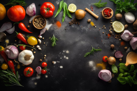 Various spices and herbs on black background. top view with copy spaceの素材