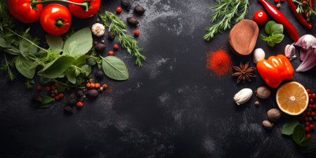 Fresh herbs and spices on black background. top view with copy spaceの素材