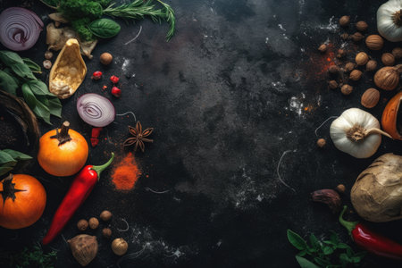 Fresh vegetables and spices on black background, top view, copy spaceの素材