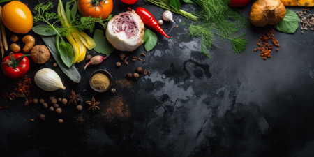 Various fresh herbs and spices on black background. top view with copy spaceの素材