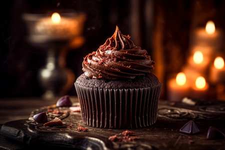 Chocolate cupcake with chocolate frosting on a dark wooden backgroundの素材