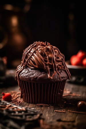 Chocolate cupcake on rustic wooden table. selective focusの素材