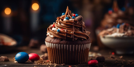 Chocolate cupcake with cream and chocolate candies on wooden tableの素材