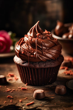 Chocolate cupcake with chocolate frosting on rustic wooden backgroundの素材