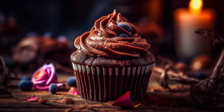Chocolate cupcake with chocolate frosting on a wooden table.の素材