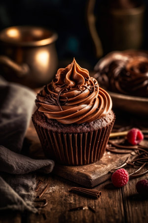 Chocolate cupcake with cream and raspberries on wooden backgroundの素材