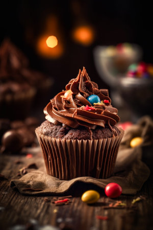 Chocolate cupcake with candies on wooden background. selective focus.の素材