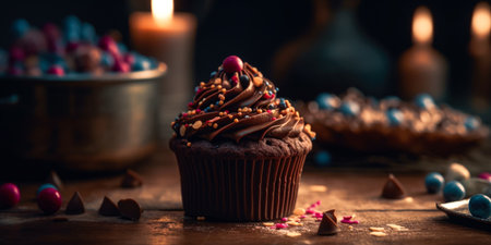 Chocolate cupcake with sprinkles and candles on a wooden tableの素材