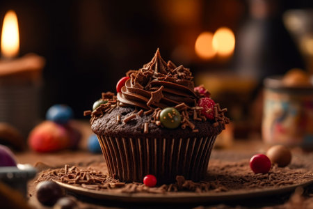 Chocolate cupcake with chocolate shavings and candies.の素材