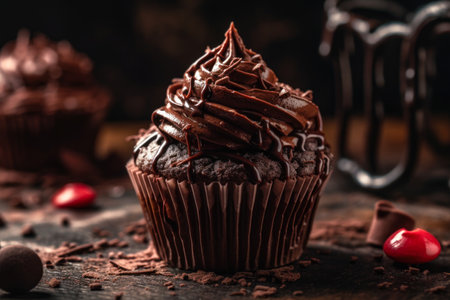 Chocolate cupcake with chocolate frosting on a dark background.の素材