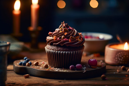 Chocolate cupcake with cream and nuts on a wooden table.の素材