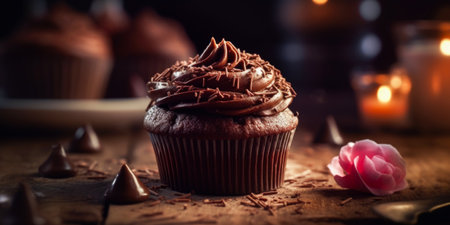 Chocolate cupcake with chocolate shavings on a dark backgroundの素材