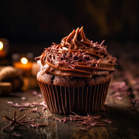 Chocolate cupcake with cream and chocolate shavings on wooden backgroundの素材