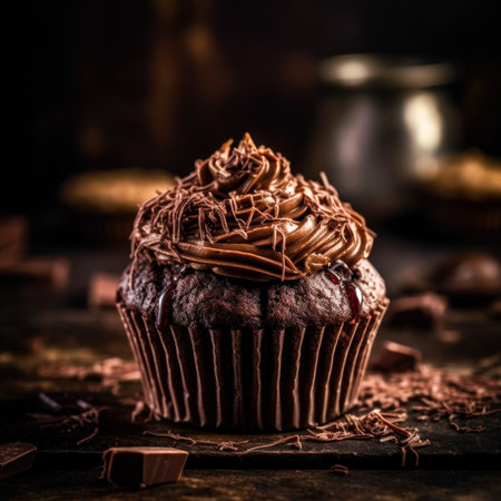 Chocolate muffins with chocolate frosting on a dark background.の素材