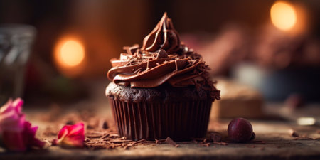 Chocolate cupcake on a wooden table with candles in the backgroundの素材