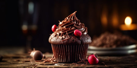 Chocolate cupcakes with cherries and chocolate shavings on wooden tableの素材