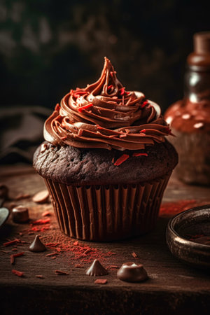 Chocolate cupcake with chocolate frosting on wooden table, selective focusの素材