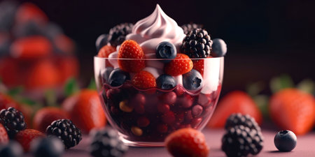 Mixed berries in a glass bowl on a dark background, selective focus.の素材