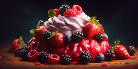 Meringue cake with fresh berries on dark background, closeupの素材