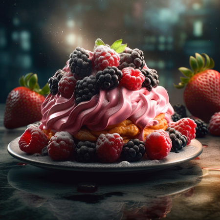 Cake with fresh berries on a dark background. toned.の素材