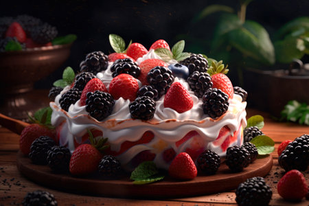 Cake with whipped cream and fresh berries on a wooden background.の素材