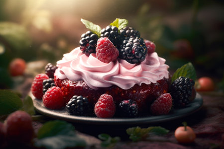 Homemade cake with fresh berries and whipped cream on a dark backgroundの素材