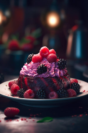 Chocolate cake with raspberries and blackberries on a dark backgroundの素材