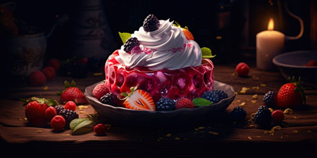 Meringue Pavlova with fresh berries on a dark backgroundの素材