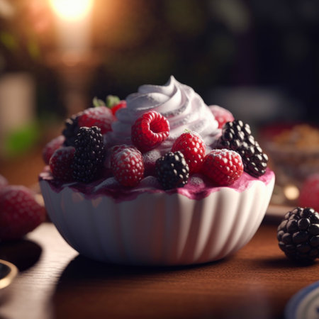 Meringue cake with raspberries and blackberries on a wooden tableの素材