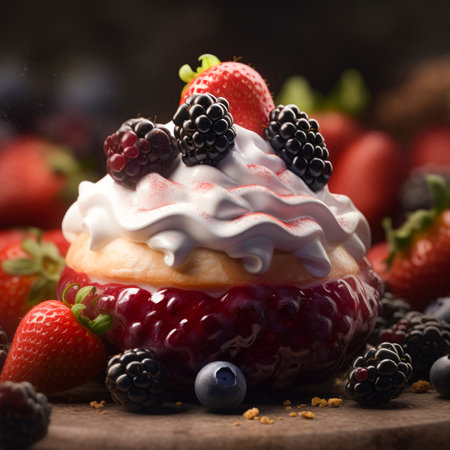 Meringue cake with fresh berries and whipped cream, selective focusの素材