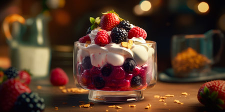 Delicious dessert with fresh berries in a glass on a wooden tableの素材