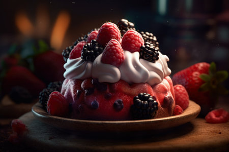 Pavlova cake with raspberries, blackberries and whipped creamの素材
