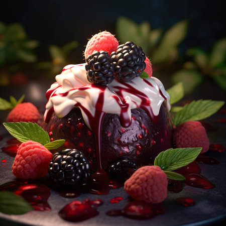 Panna cotta with blackberries and raspberries on dark backgroundの素材