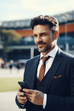 Portrait of a handsome businessman using his mobile phone outdoors. business concept.の素材
