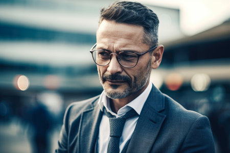 Portrait of mature businessman in eyeglasses looking away while standing outdoorsの素材