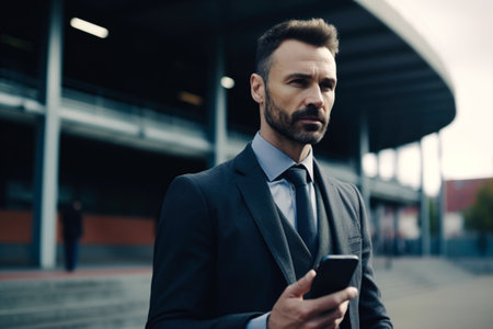 Portrait of a pensive businessman using mobile phone while standing outdoorsの素材