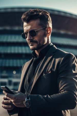 Handsome young man in coat and sunglasses using mobile phone outdoorsの素材