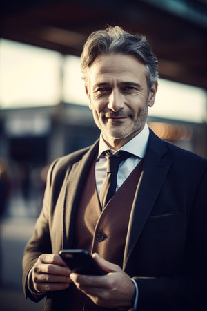 Portrait of mature businessman in formalwear using mobile phone while standing outdoorsの素材